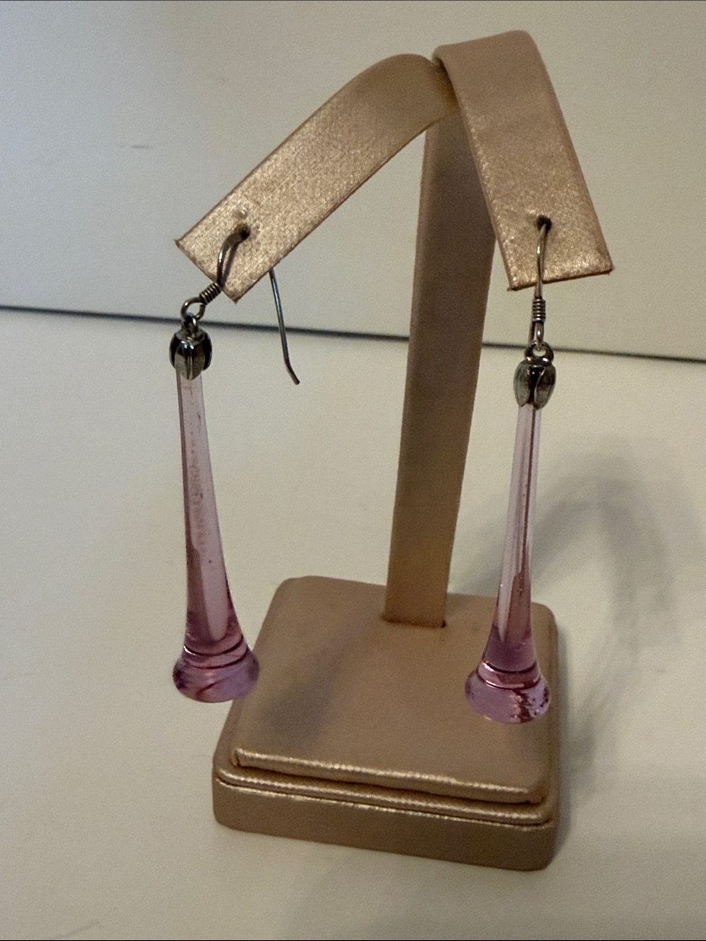 EARRINGS STERLING SILVER 925 WIRE PIERCED LONG PINK GLASS DROP